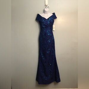 Teri Jon Shimmering Blue Off-Shoulder Maxi Dress size 0